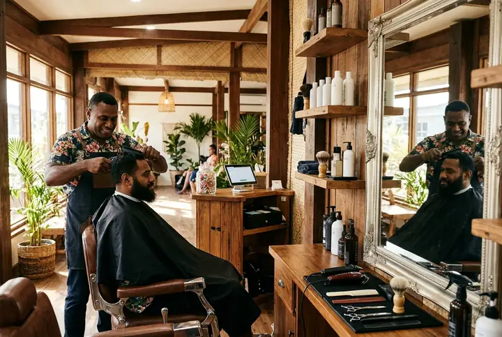 A modern barber shop in Fiji with a chair, a mirror and a small reception counter with a tablet till