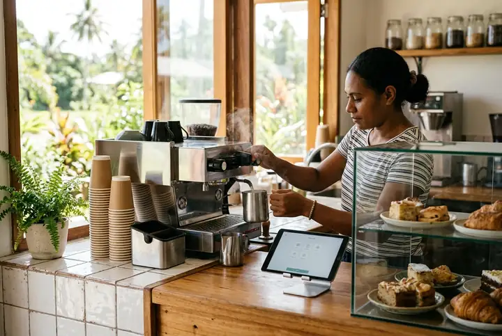 A small Fiji café counter with an espresso machine and a tablet till