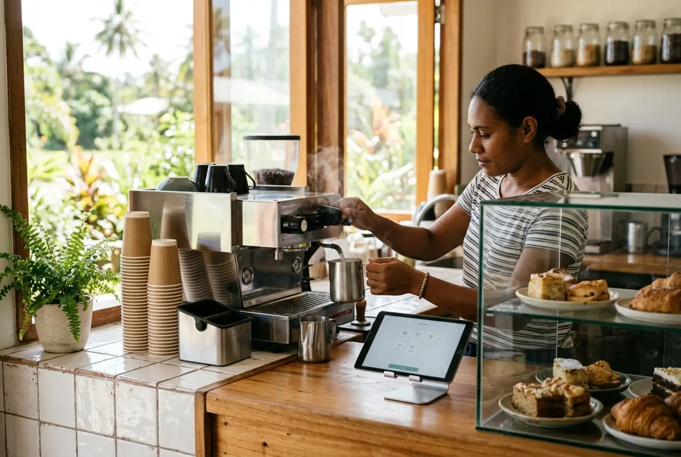 A small Fiji café counter with an espresso machine and a tablet till