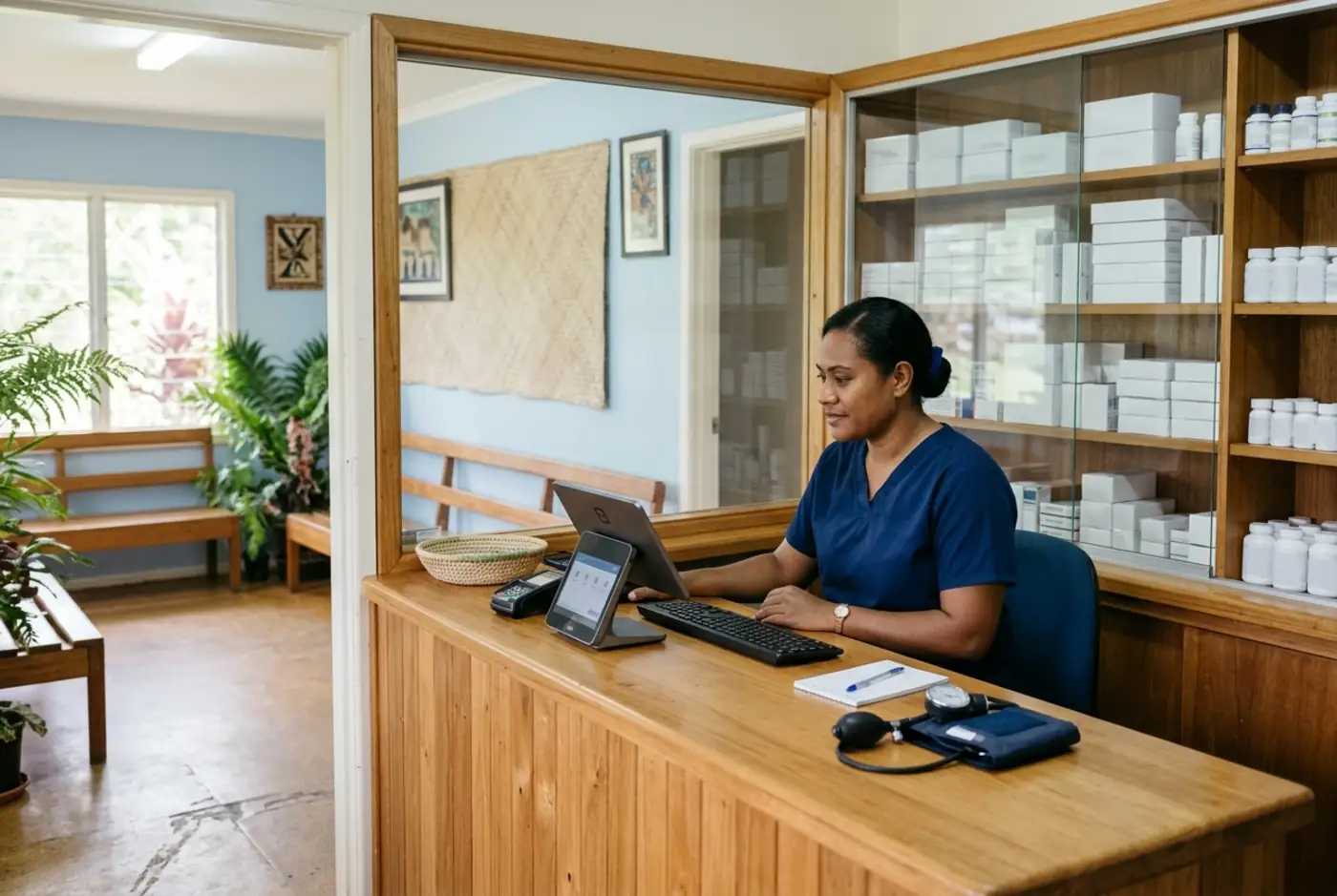 A small private clinic and dispensary counter in Fiji with shelves of plain medicine boxes