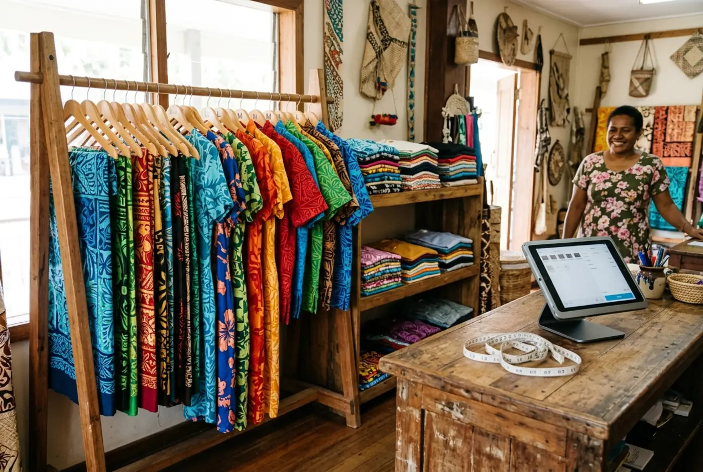 A small clothing boutique in Suva with a rack of colourful sulu and dresses arranged by size