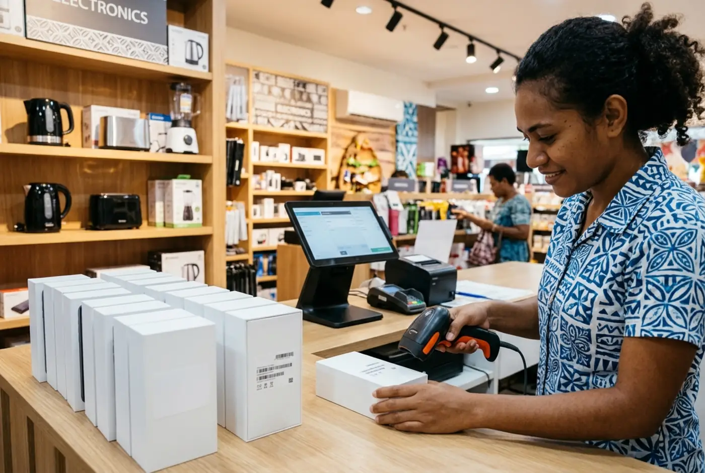 A phone and electronics shop counter in Fiji with handsets in plain boxes and a barcode scanner