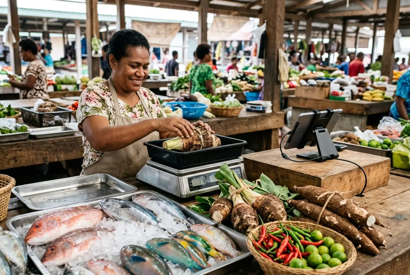 A fresh food counter in Fiji with a bench scale, fish on ice and bundles of dalo and cassava