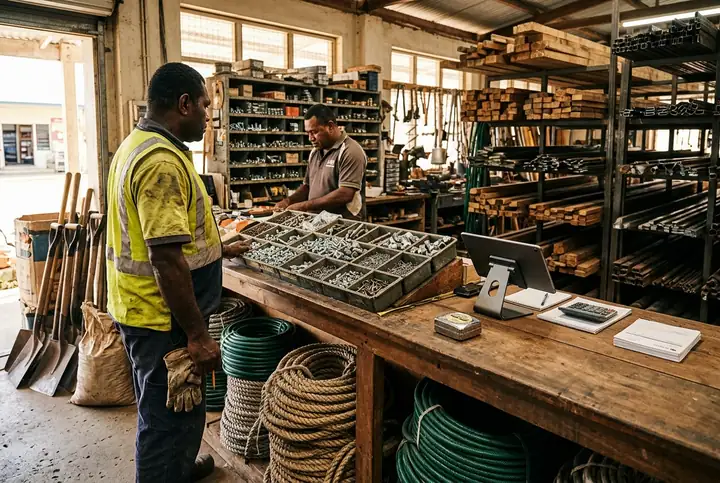A hardware and farm supply counter in Fiji with bins of fittings, timber and a tablet till