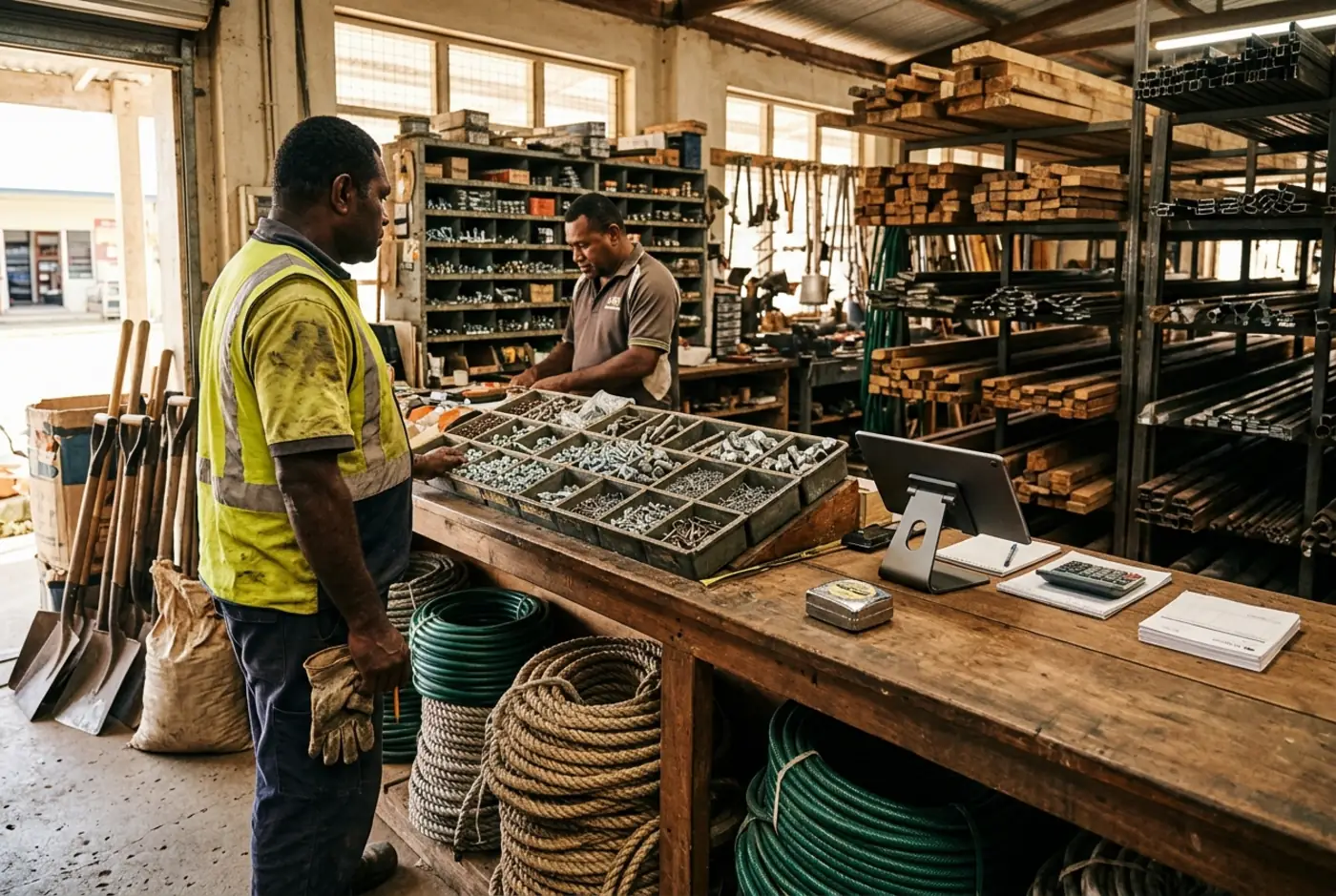 A hardware and farm supply counter in Fiji with bins of fittings, timber and a tablet till