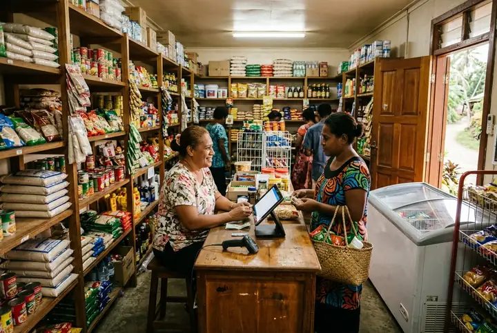 A neighbourhood mini-mart counter in Fiji with a tablet till and barcode scanner