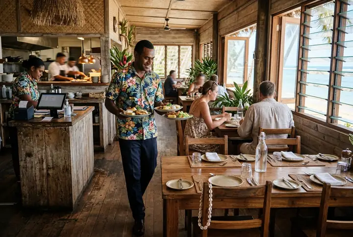 A relaxed Fijian restaurant at lunch with a server carrying plates and a tablet till near the kitchen pass