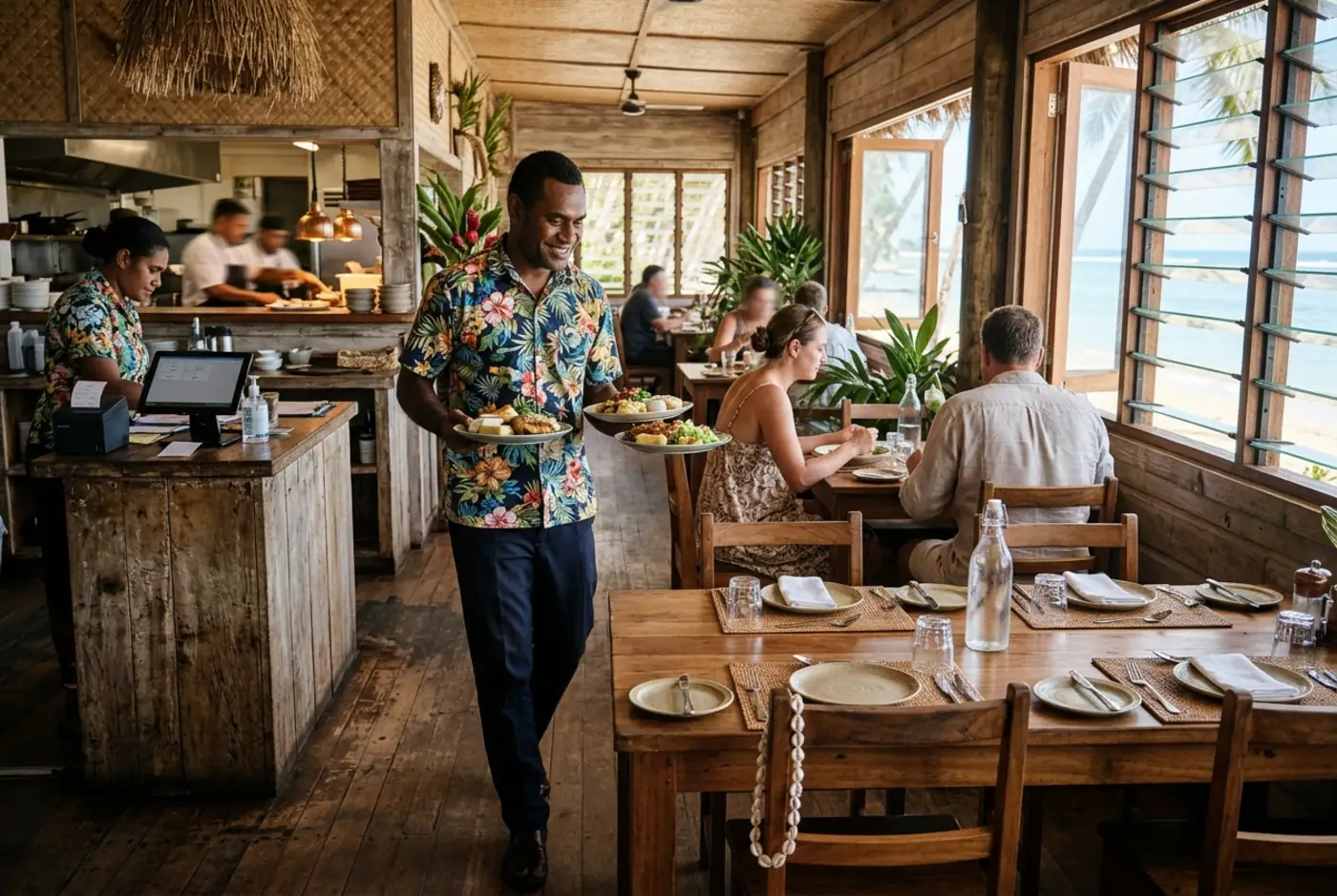 A relaxed Fijian restaurant at lunch with a server carrying plates and a tablet till near the kitchen pass